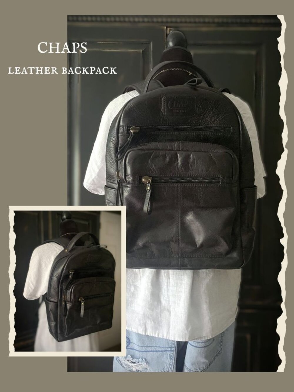 CHAPS Genuine Leather Backpack - Black Multi Pocket Travel Laptop School Bag